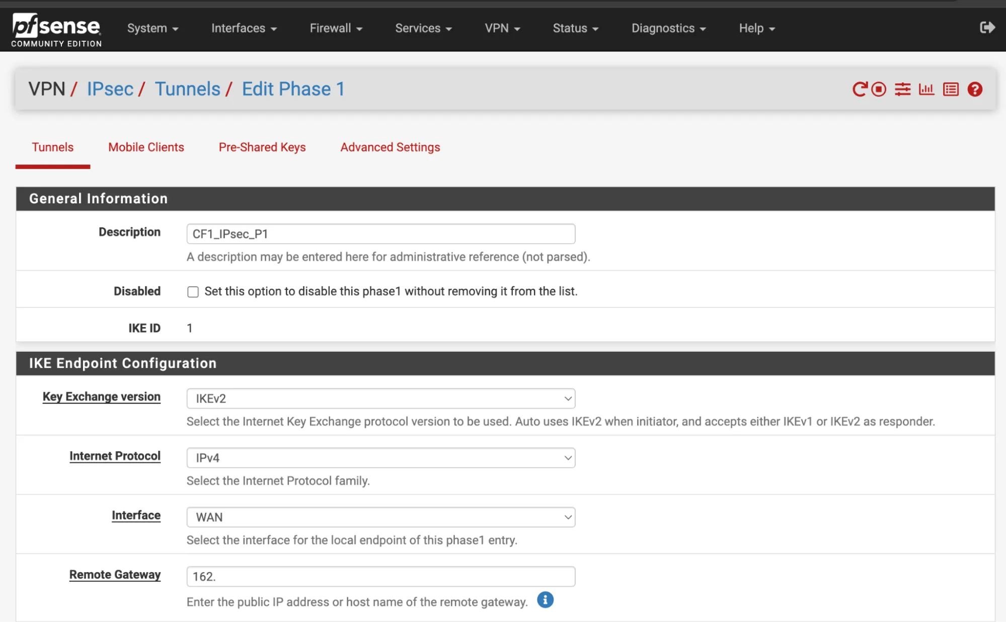 pfSense IPsec phase 1 settings