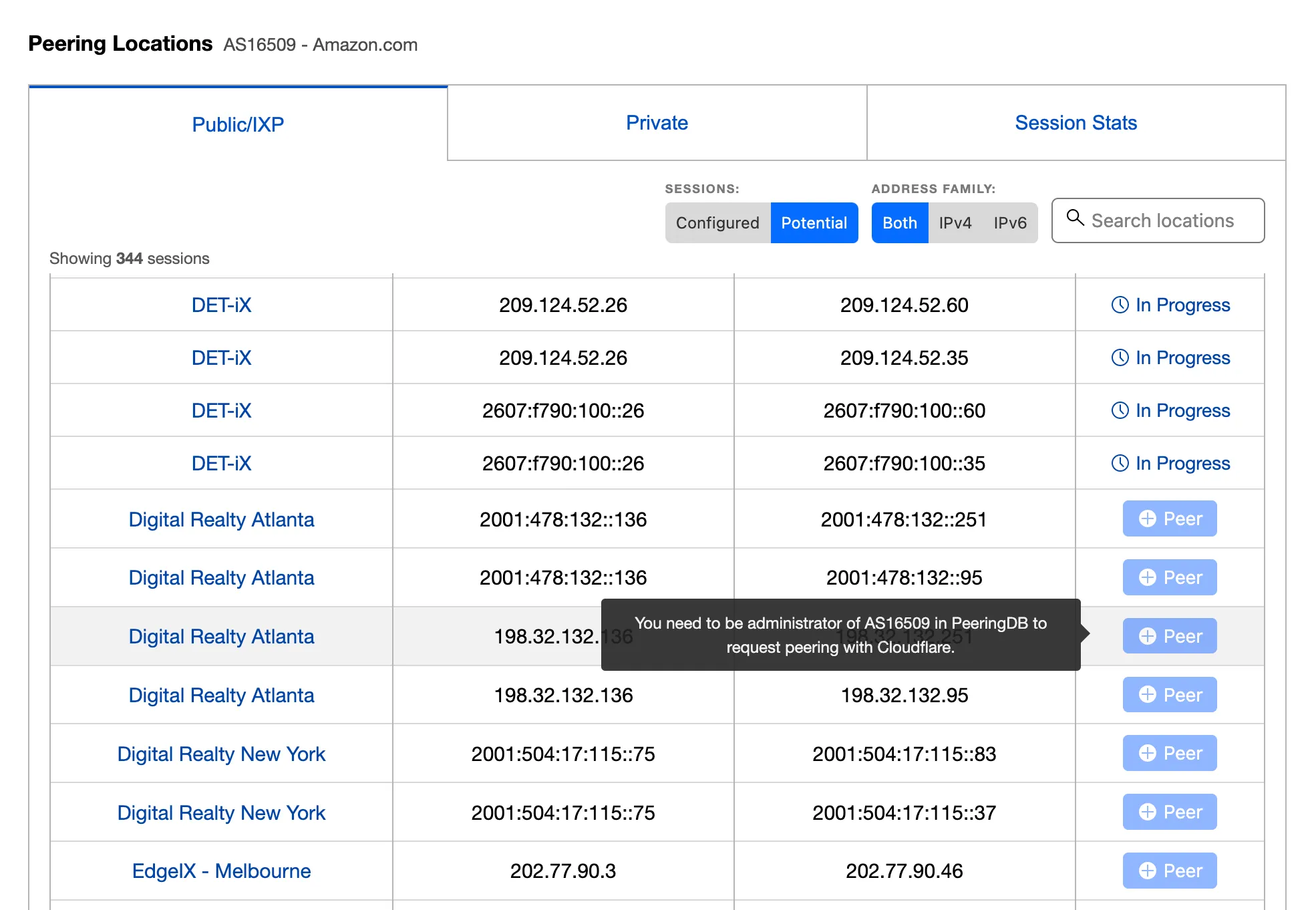 Non-admin view of peering locations list