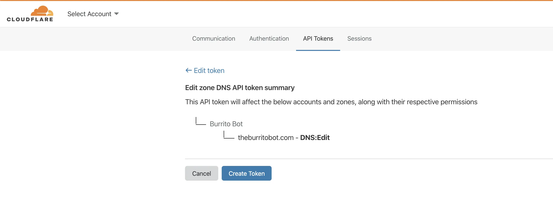 Token summary screen displaying the resources and permissions selected